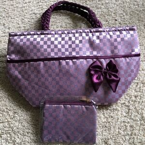 Purple Checkered NaRaYa Satin Handbag Matching Coin Purse/Wallet Thai Fashion